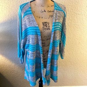 LuLaRoe Open Front Knit Cardigan, 3/4 Sleeves, Gray/Aqua, Size Large